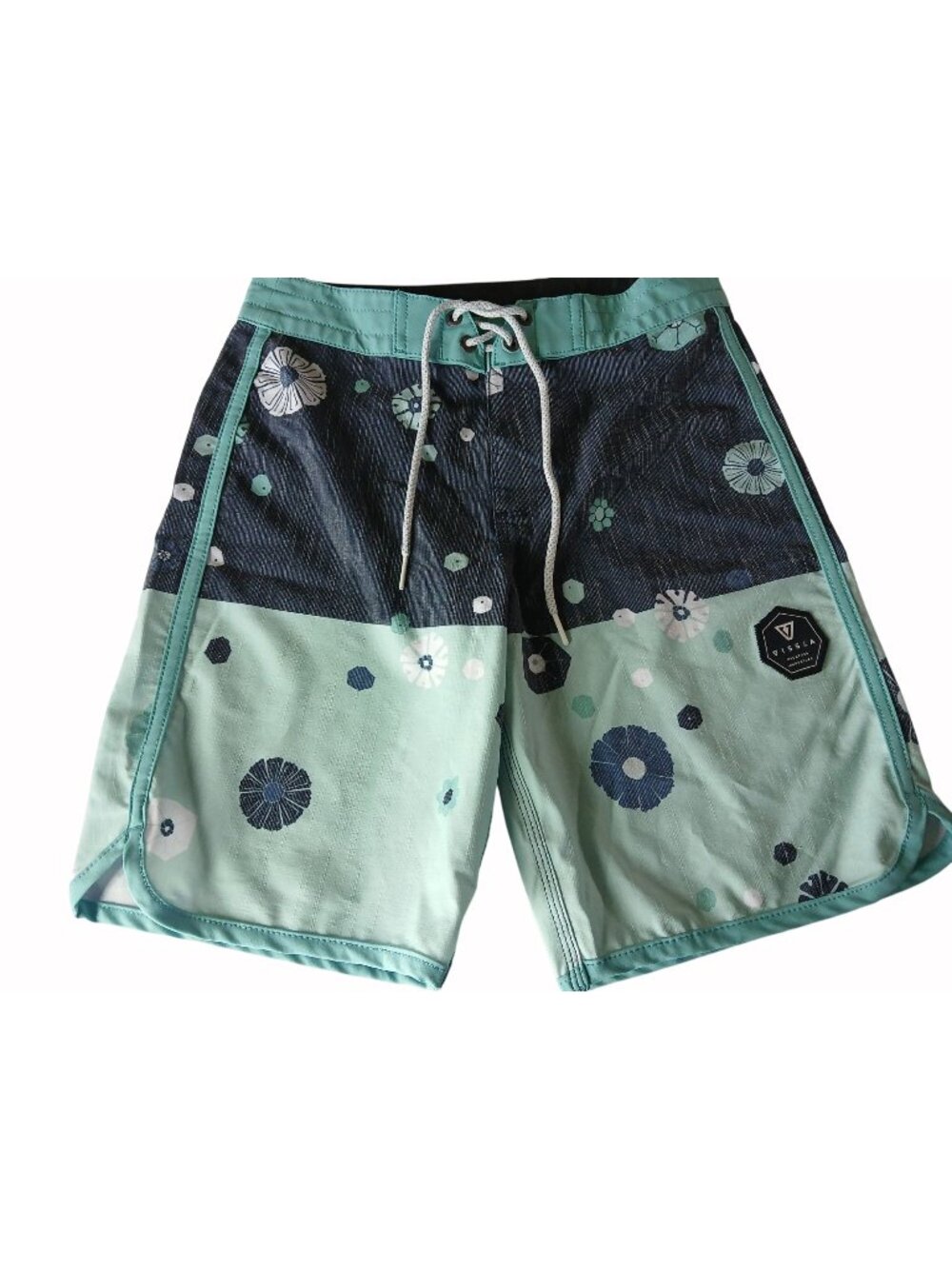 Vissla Boys Green Blue Floral Print Boardshorts Size 25 Flat Waist Pocket Shorts